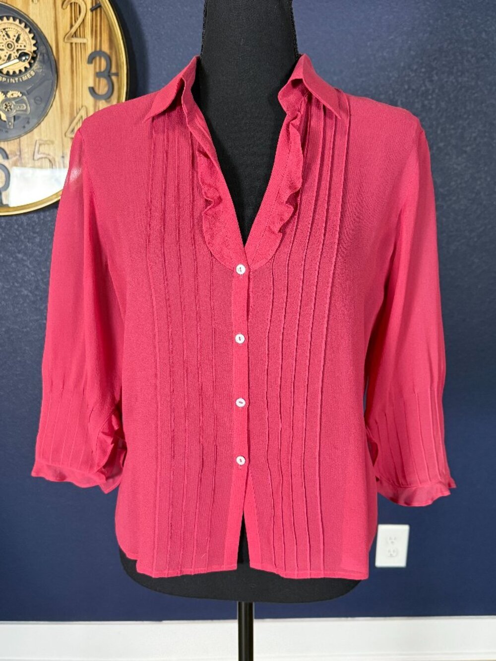 Max Studio Raspberry Silk Pintuck Ruffle Collar Button Down Blouse | S